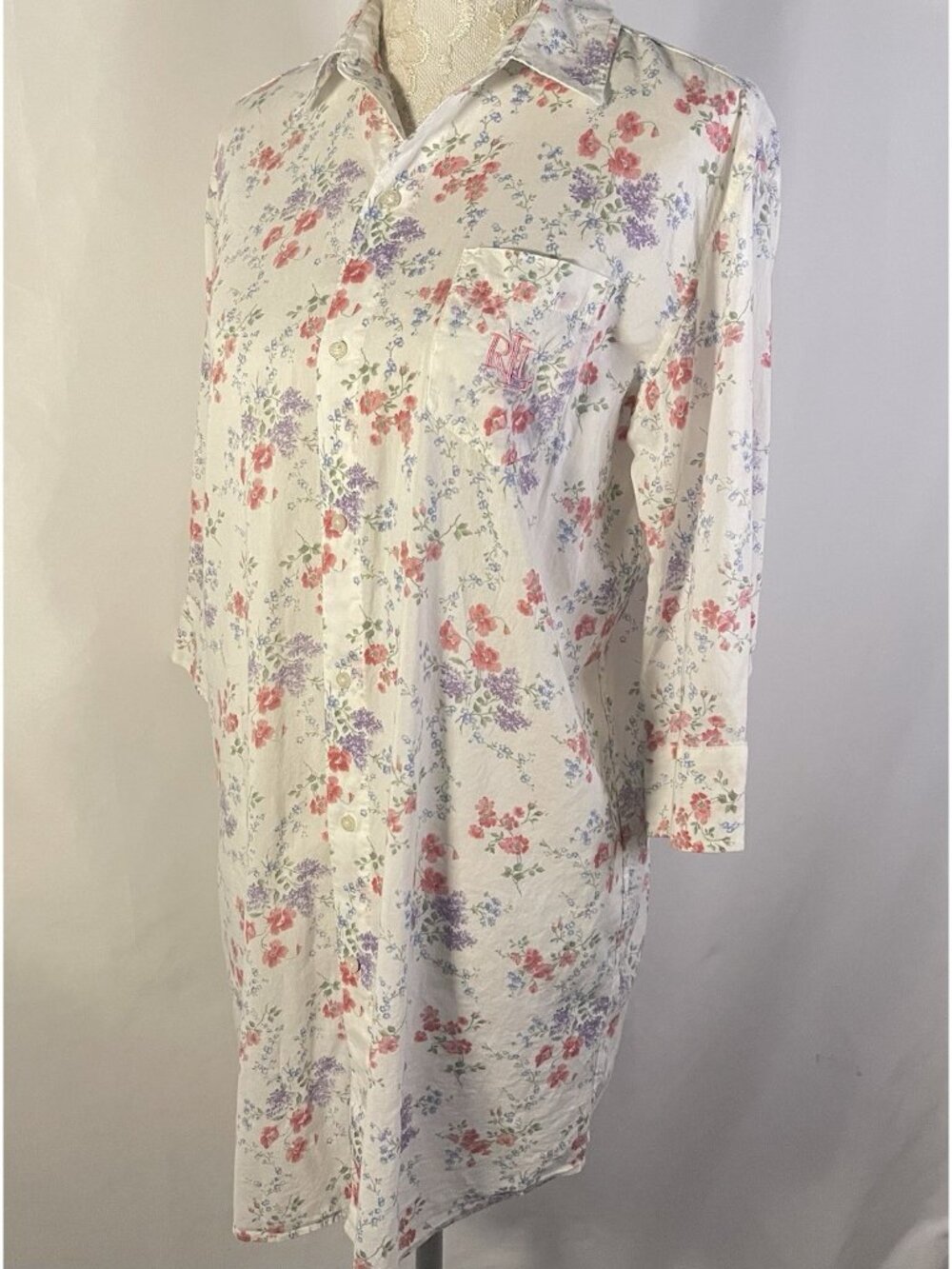 Lauren Ralph Lauren Floral Pajama S Button Front Pastel Cotton Blend Sleepshirt